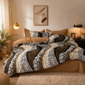 Lenjerie pat dublu cu Elastic, bumbac satinat, Bej, Maro, animal print