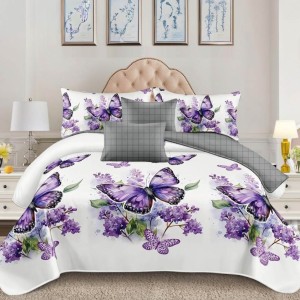 Lenjerie pat dublu cu Elastic, bumbac satinat, Alb, Mov, flori