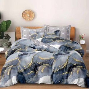 Lenjerie pat dublu cu Elastic, bumbac satinat, Albastru, abstract