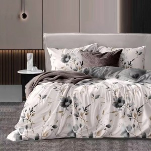 Lenjerie pat dublu cu Elastic, bumbac satinat, Bej, floricele