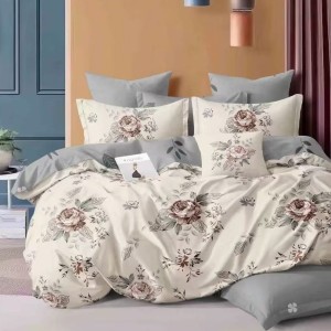 Lenjerie pat dublu cu Elastic, bumbac satinat, Crem, flori