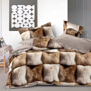 Lenjerie pat dublu cu Elastic, bumbac satinat, Maro, Bej, imprimeu blanita
