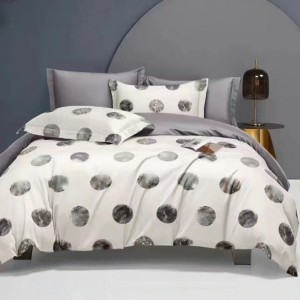 Lenjerie pat dublu cu Elastic, bumbac satinat, Crem, Gri, buline