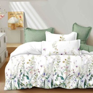 Lenjerie pat dublu cu Elastic, bumbac satinat, Alb, flori