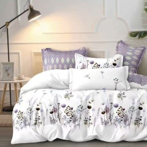 Lenjerie pat dublu cu Elastic, bumbac satinat, Alb, Mov, floricele