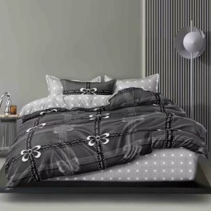 Lenjerie pat dublu cu Elastic, bumbac satinat, Negru, Gri, fundite