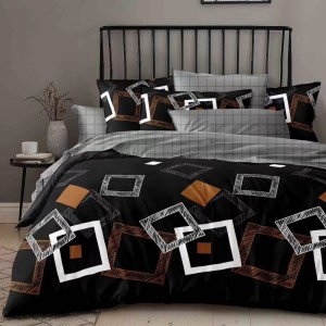 Lenjerie pat dublu cu Elastic, bumbac satinat, Negru, Gri, patrate