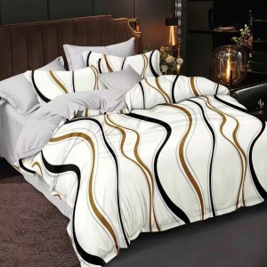 Lenjerie pat dublu cu Elastic, bumbac satinat, Crem, dungi
