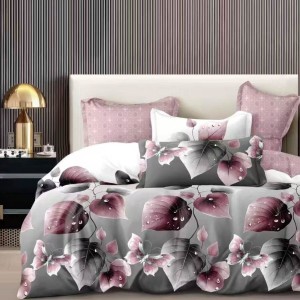 Lenjerie pat dublu cu Elastic, bumbac satinat, Gri, frunze Lenjerie pat dublu cu Elastic, bumbac satinat, Gri, frunze