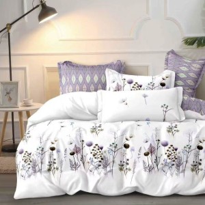 Lenjerie pat dublu cu Elastic, bumbac satinat, Alb, mov, flori