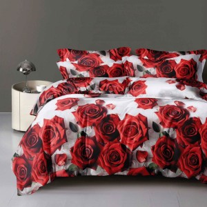 Lenjerie pat dublu, bumbac satinat, 4 piese, Alb, Rosu, trandafiri
