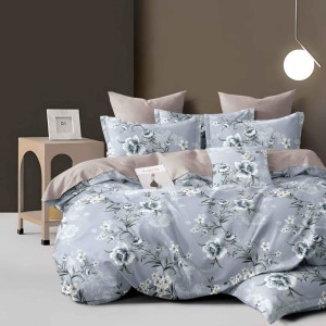 Lenjerie pat dublu, bumbac satinat, 4 piese, Bleu, flori