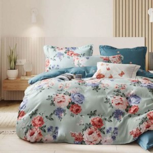 Lenjerie pat dublu, bumbac satinat, 4 piese, Verde, flori