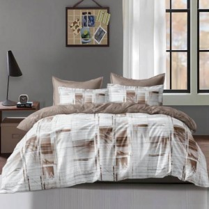 Lenjerie pat dublu, bumbac satinat, 4 piese, Alb, Maro, abstract