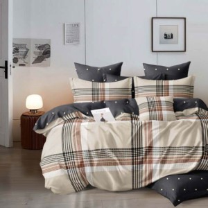 Lenjerie pat dublu, bumbac satinat, 4 piese, Crem, dungi