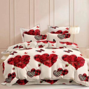 Lenjerie pat dublu, bumbac satinat, 4 piese, Crem, Rosu, inimioare