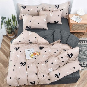 Lenjerie pat dublu, bumbac satinat, 4 piese, Bej, Gri, inimioare