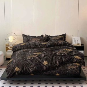 Lenjerie pat dublu, bumbac satinat, 4 piese, Negru, animal print