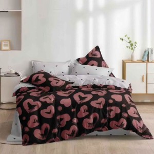 Lenjerie pat dublu, bumbac satinat, 4 piese, Negru, Rosu, inimioare