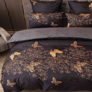 Lenjerie pat dublu, bumbac satinat, 4 piese, Negru, fluturi