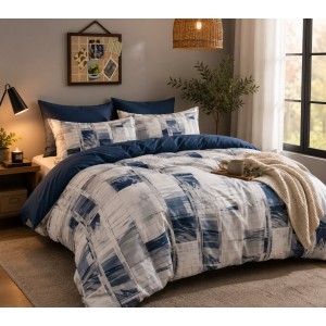 Lenjerie pat dublu, bumbac satinat, 4 piese, Alb, Albastru, abstract