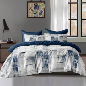 Lenjerie pat dublu, bumbac satinat, 4 piese, Alb, Albastru, abstract