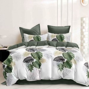 Lenjerie pat dublu, bumbac satinat, 4 piese, Alb, Verde, frunze
