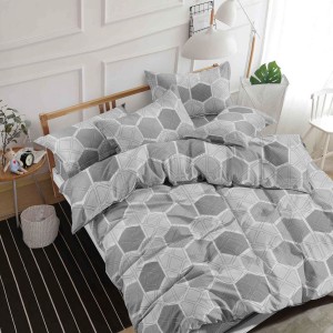 Lenjerie pat dublu, bumbac satinat, 4 piese, Gri, hexagoane