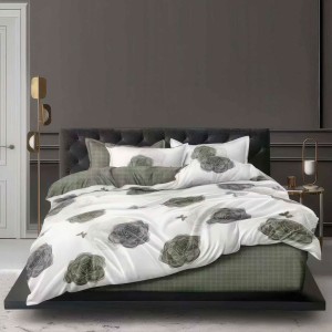 Lenjerie pat dublu, bumbac satinat, 4 piese, Alb, Verde, flori