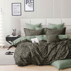 Lenjerie pat dublu, bumbac satinat, 4 piese, Verde, animal print