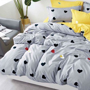 Lenjerie pat dublu, bumbac satinat, 4 piese, Gri, inimioare