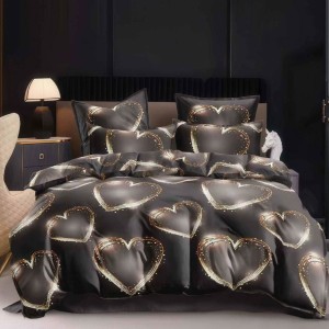 Lenjerie pat dublu, bumbac satinat, 4 piese, Gri, inimioare