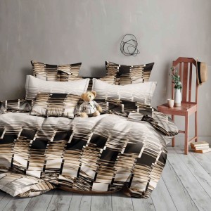 Lenjerie pat dublu, bumbac satinat, 4 piese, Crem, Maro, abstract