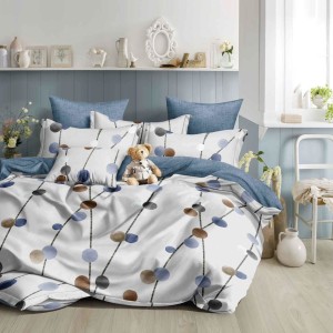 Lenjerie pat dublu, bumbac satinat, 4 piese, Alb, Bleu, flori