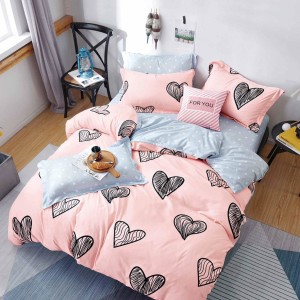 Lenjerie pat dublu, bumbac satinat, 4 piese, Roz, inimioare