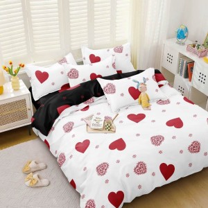 Lenjerie pat dublu, bumbac satinat, 4 piese, Alb, Negru, inimioare