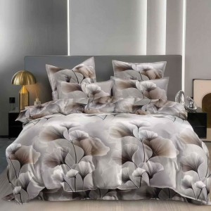 Lenjerie pat dublu, bumbac satinat, 4 piese, Gri, flori