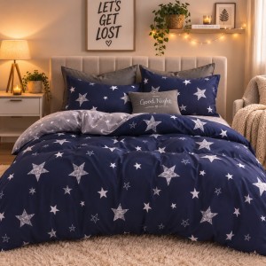 Lenjerie pat dublu, bumbac satinat, 4 piese, Albastru, stelute