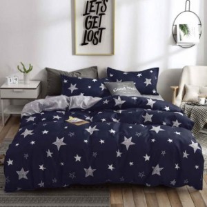 Lenjerie pat dublu, bumbac satinat, 4 piese, Albastru, stelute