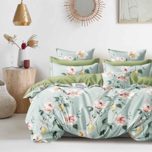 Lenjerie pat dublu, bumbac satinat, 4 piese, Bleu, flori