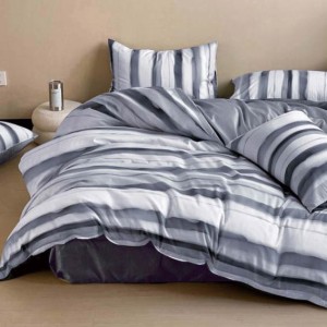 Lenjerie pat dublu, bumbac satinat, 4 piese, Alb, Albastru, dungi