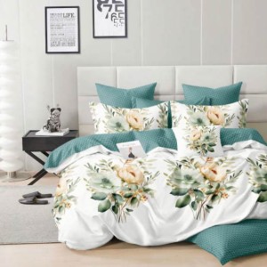 Lenjerie pat dublu, bumbac satinat, 4 piese, Alb, Turcuaz, flori