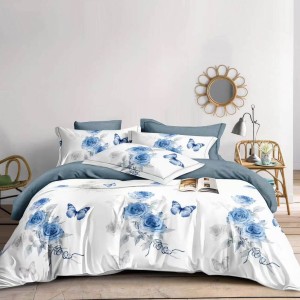 Lenjerie pat dublu, bumbac satinat, 4 piese, Alb, Bleu, fluturi