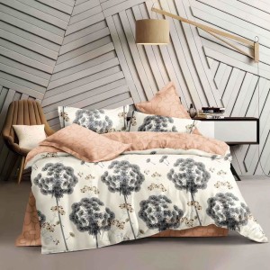 Lenjerie pat dublu, bumbac satinat, 4 piese, Crem, Caramiziu, flori