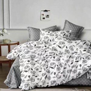 Lenjerie pat dublu, bumbac satinat, 4 piese, Alb, Gri, flori