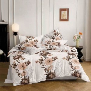 Lenjerie pat dublu, bumbac satinat, 4 piese, Crem, flori