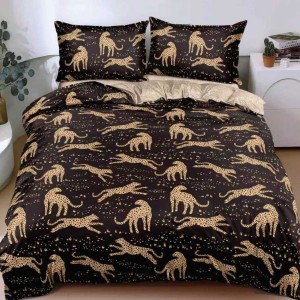 Lenjerie pat dublu cu Elastic, bumbac satinat, Negru, leopard