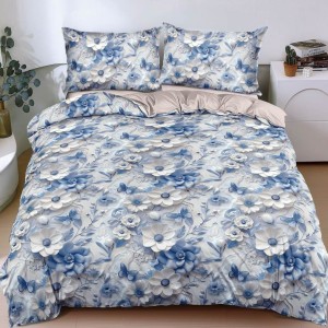 Lenjerie pat dublu cu Elastic, bumbac satinat, Albastru, floricele