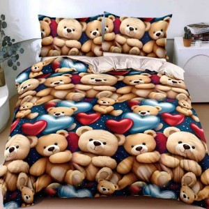 Lenjerie pat dublu cu Elastic, bumbac satinat, Maro, ursuleti