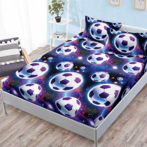 Cearsaf cu elastic, FINET, 180x200cm, 2 fete de perne 50x70cm, Albastru, mingii de fotbal